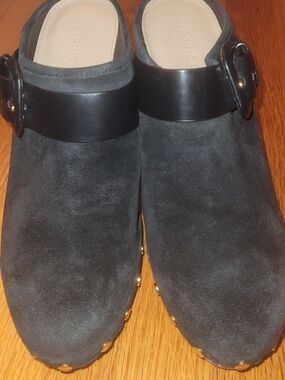 Veronica Beard Black Suede Mule Clogs with Buckle Strap